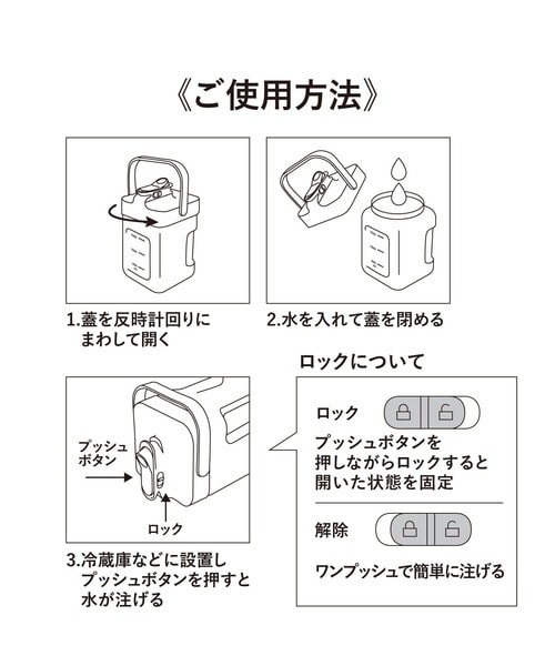 プッシュボタンを押したままロックすれば注ぎ口が開いた状態をキープできる