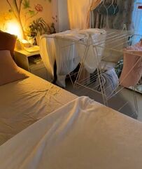 室内にシーツを干していたら　隠れていた予想外の生物にホッコリ