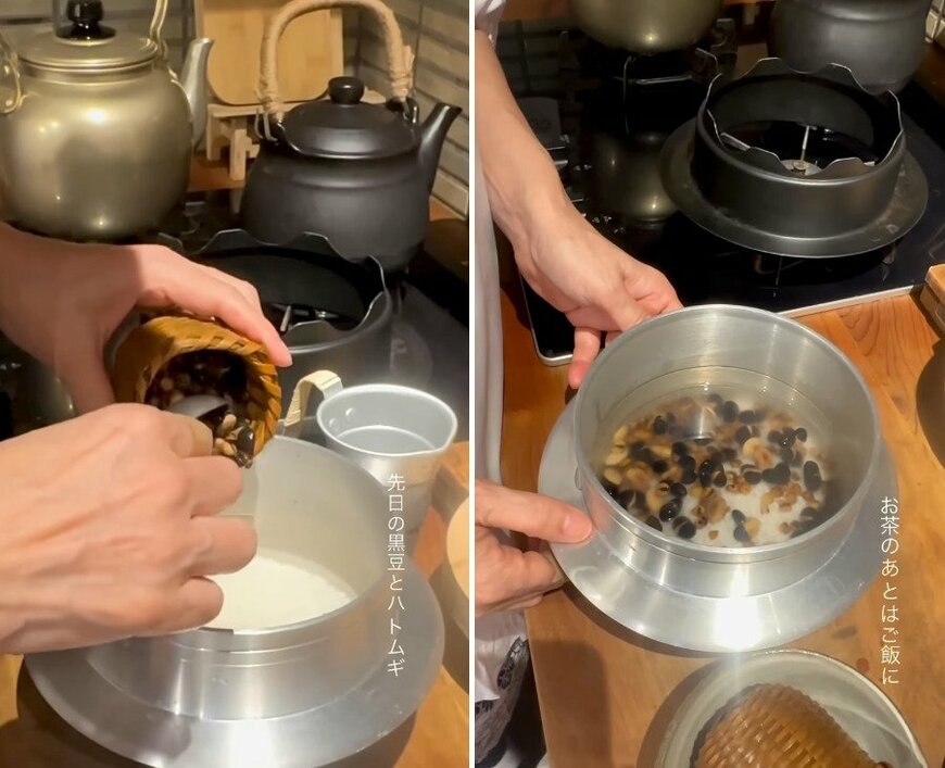 羽釜に黒豆とハトムギを入れる様子
