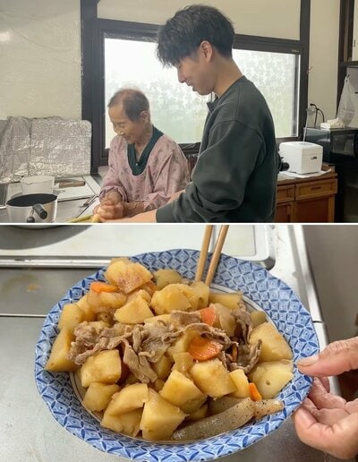 孫と並んで調理するおばあちゃんと、できあがった肉じゃが