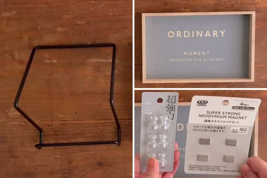 【100均DIY】キャンドゥの木製トレー・セリアのアイアンスタンド・マグネットで...→おしゃれな〈小物フックスタンド〉が作れる！