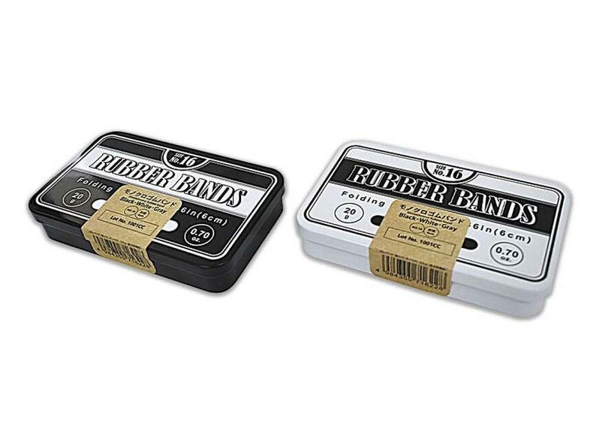 ダイソー、ゴムバンド(缶入り、モノクロ、20g、長方形薄型)画像