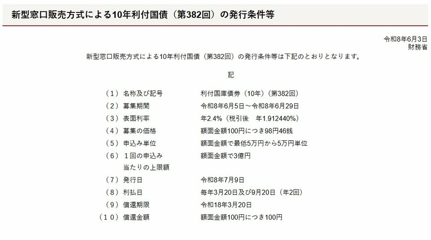【6月募集分新窓販国債10年の発行条件】