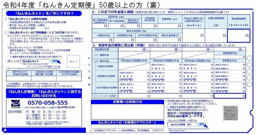 出所：日本年金機構「ねんきん定期便」の様式（サンプル）と見方ガイド（令和4年度送付分）