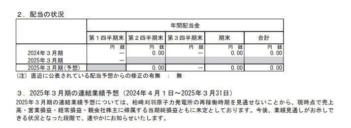 東京電力ホールディングスの配当状況、連結業績予想の表