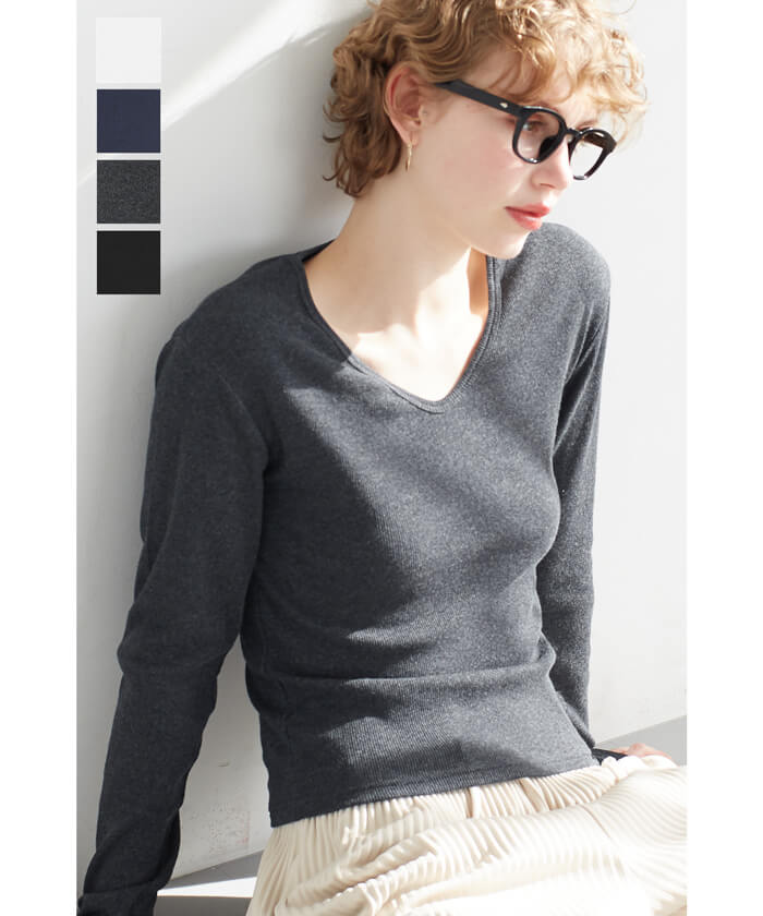 リブVネックトップス レディース