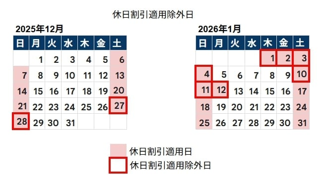 【画像】2025年・2026年「年末年始」の休日割引適用除外日は？
