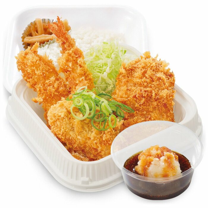 海鮮三種とロースの醤油カツ弁当