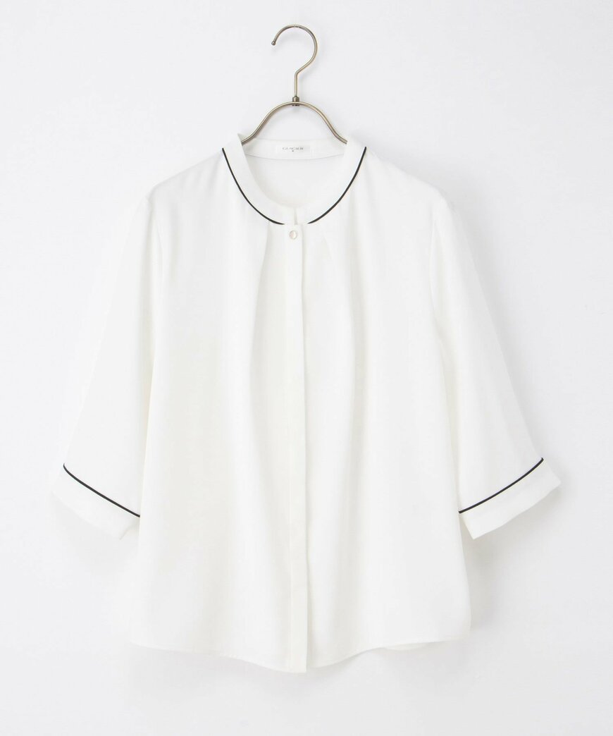 ハニーズ公式 6分袖配色バンドカラーブラウス