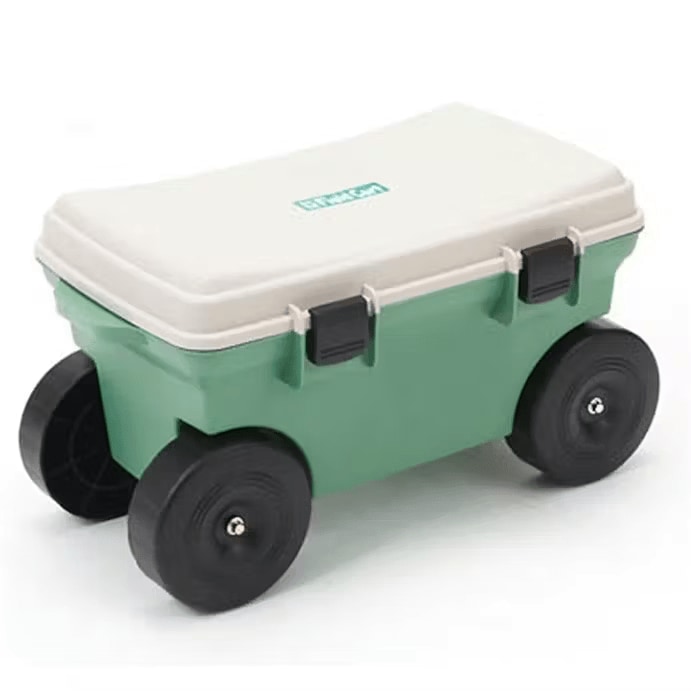 座面のなかに園芸用品が収納できるフィールドカート グリーン