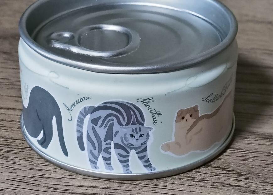 筆者撮影（セリア、缶詰型ケース ねこ）