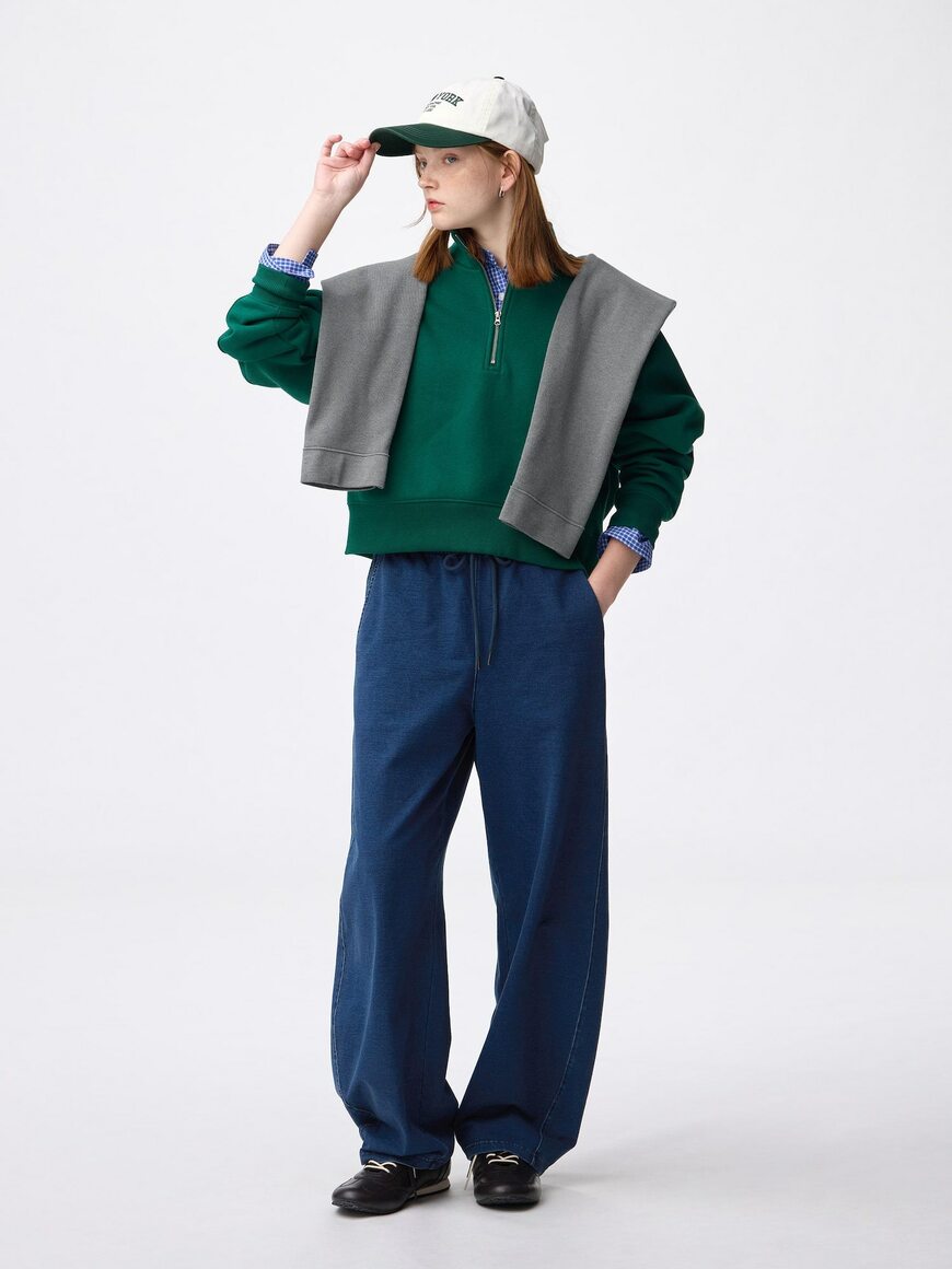 GU公式 デニムスウェットバレルレッグパンツ