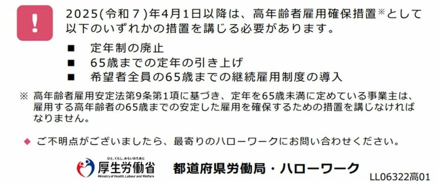 出所：厚生労働省「経過措置期間は2025年3月31日までです4月1日以降は別の措置により、高年齢者雇用確保措置を講じる必要があります」
