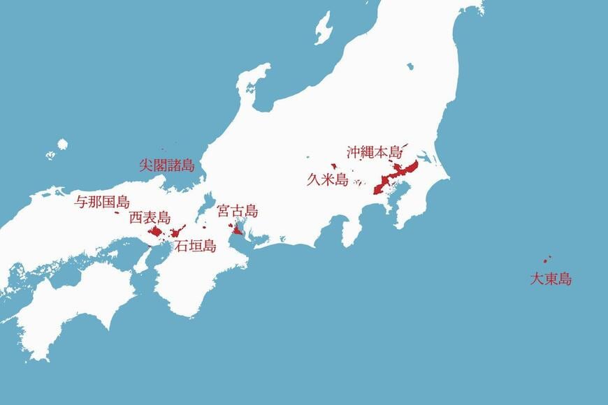 沖縄県の島々を本州の上に置いた地図