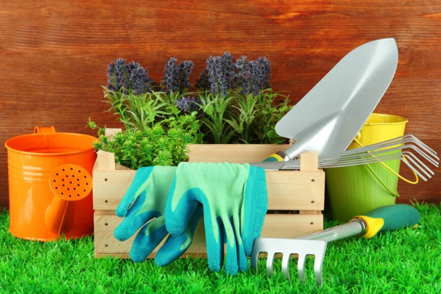 ガーデニングで土いじりをする際に必要な道具。ジョウロ、バケツ、スコップ、ゴム手袋、熊手・レーキ、苗。
