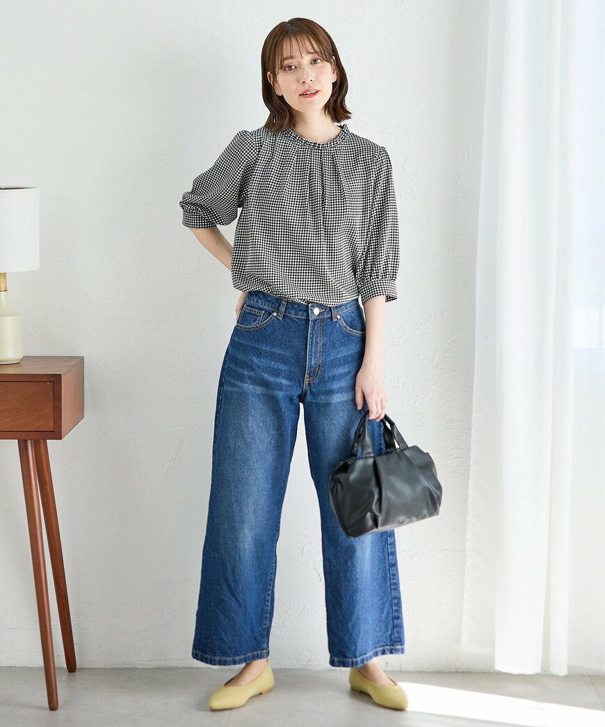 ハニーズ公式　6分袖フリルブラウス（オフギンガム、デニム）