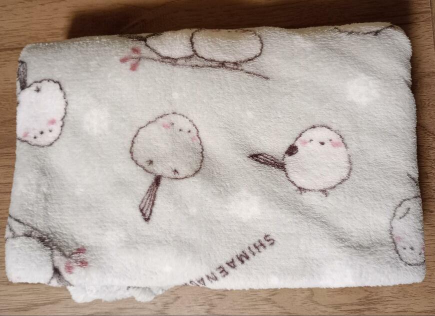 出所：筆者撮影（ダイソー、ひざかけ（サンゴマイヤー、シマエナガ））