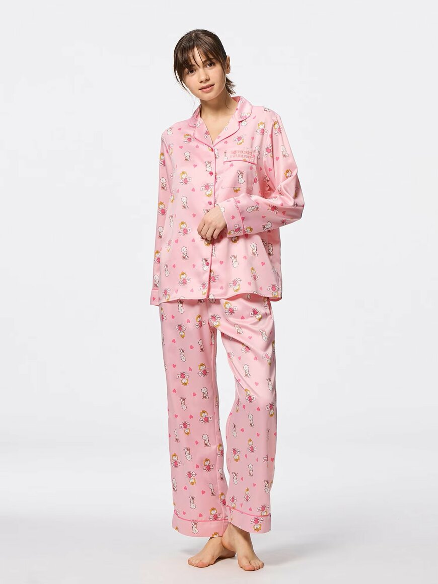 GU公式　サテンパジャマ（長袖&ロングパンツ）Peanuts／カラー：12　PINKの画像
