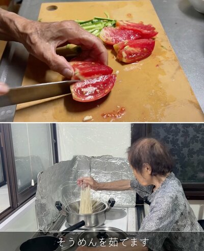 トマトを切る手元と、そうめんを茹でる様子