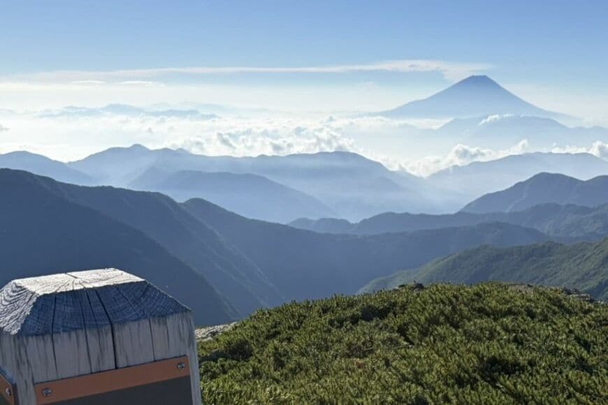 早朝の南アルプスで撮影した「岩の上の雷鳥」　富士山と南アルプスの青い山並みとの融合に感動