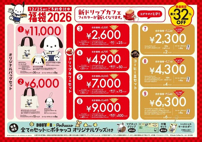 ドトールコーヒーショップとポチャッコのコラボレーションによる2026年の福袋