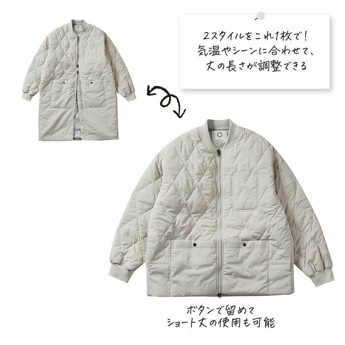 下の部分をボタンで留めるとショート丈になります
