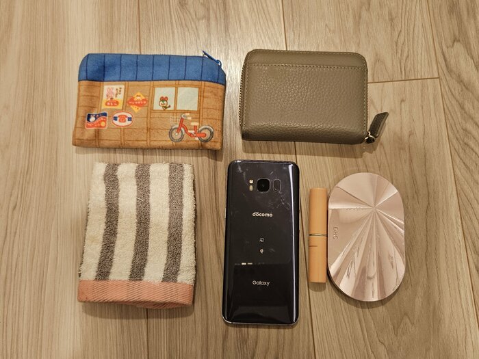 ミニ財布、ミニポーチ、ハンカチ、携帯電話、メイク道具を入れてみます