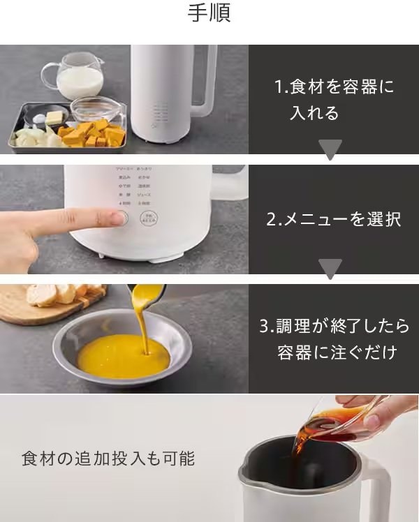 食材を刻んでポットに入れメニューボタンを選ぶだけ