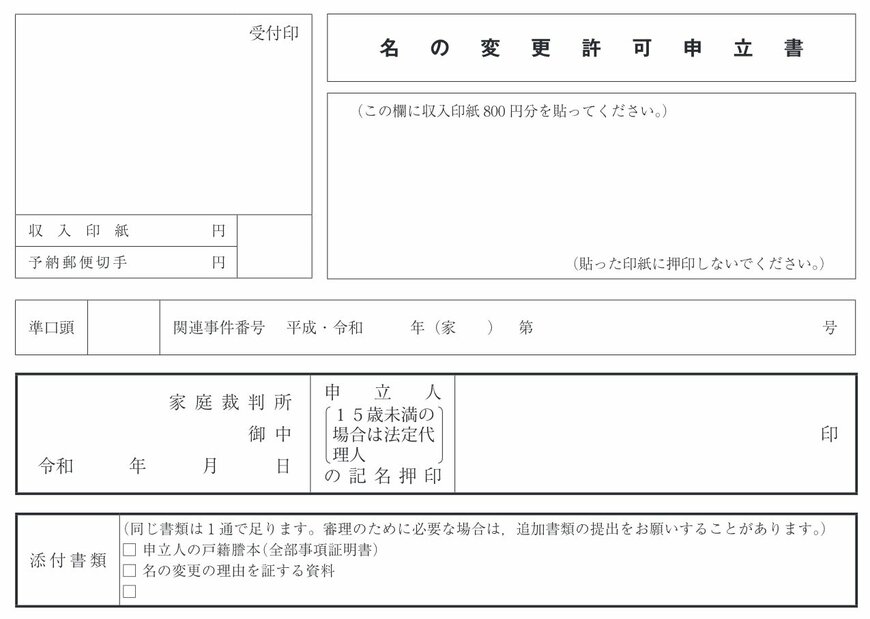 出所：裁判所「名の変更許可の申立書（15歳以上）」