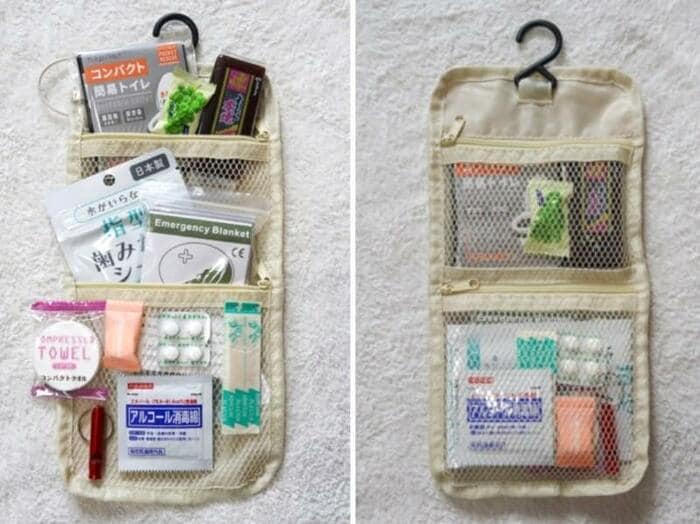 (写真左:収納する防災グッズ/写真右:収納した様子)