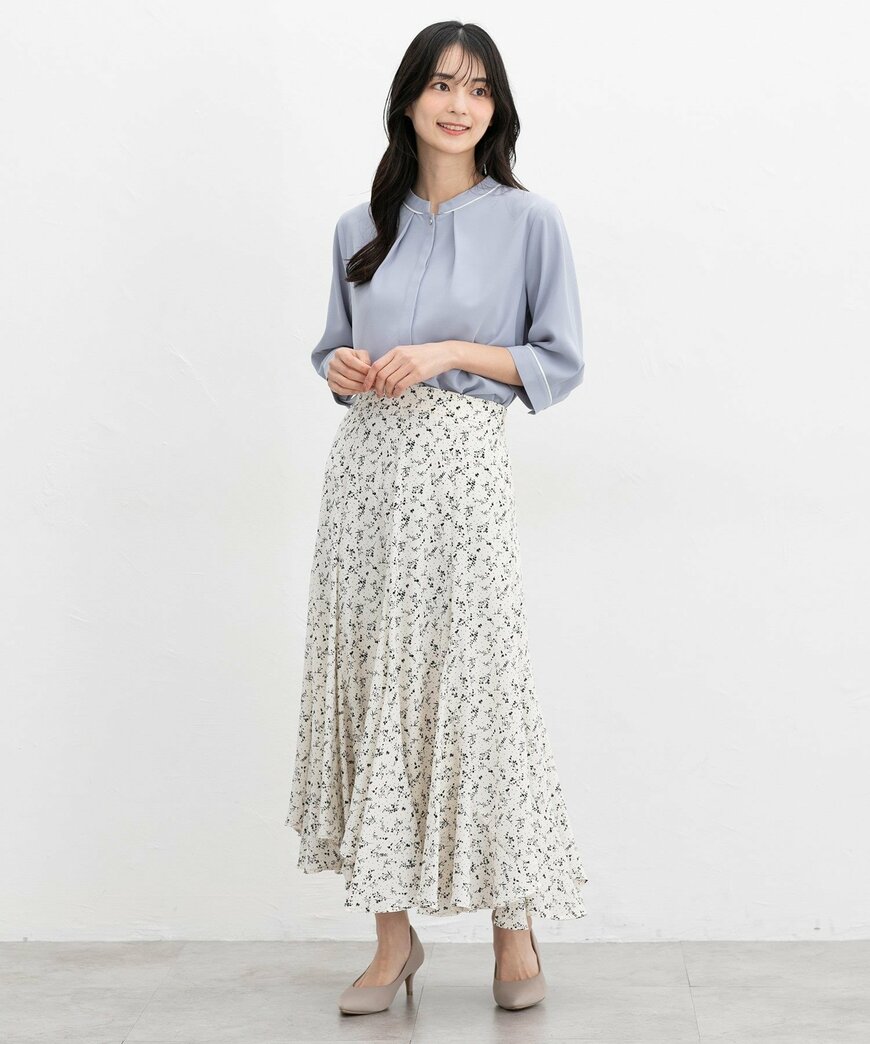 ハニーズ公式　6分袖配色バンドカラーブラウス