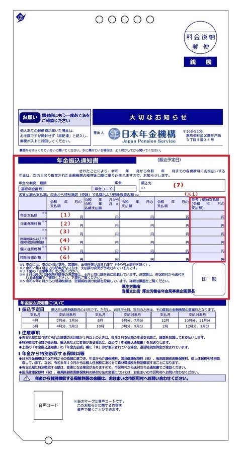年金振込通知書の見本