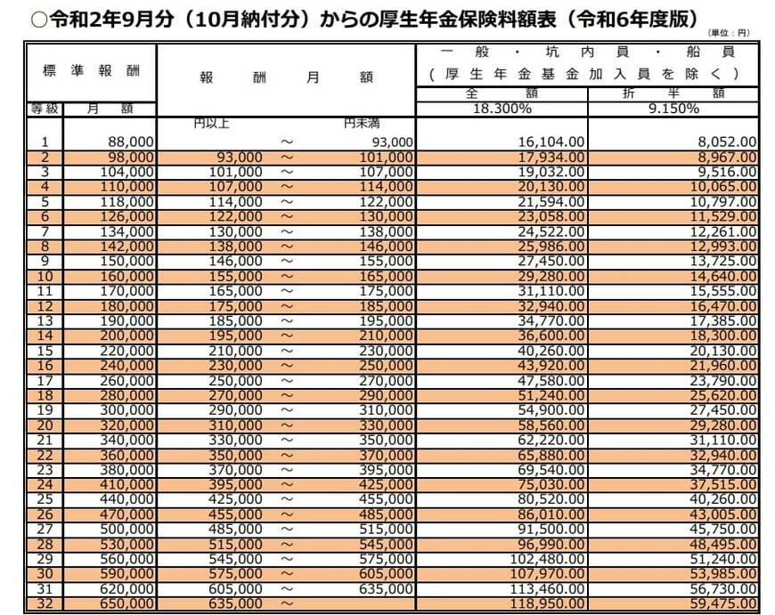 出所：日本年金機構 令和2年9月分（10月納付分）からの厚生年金保険料額表（令和6年度版）