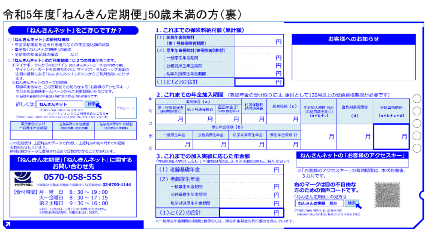 出所：日本年金機構「「ねんきん定期便」の様式（サンプル）と見方ガイド（令和5年度送付分）」