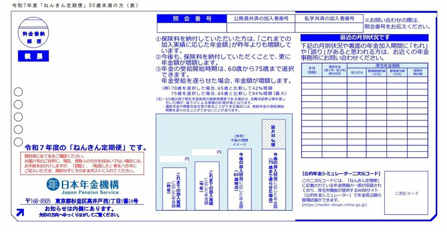 出所：日本年金機構「「ねんきん定期便」の様式（サンプル）と見方ガイド（令和7年度送付分）」