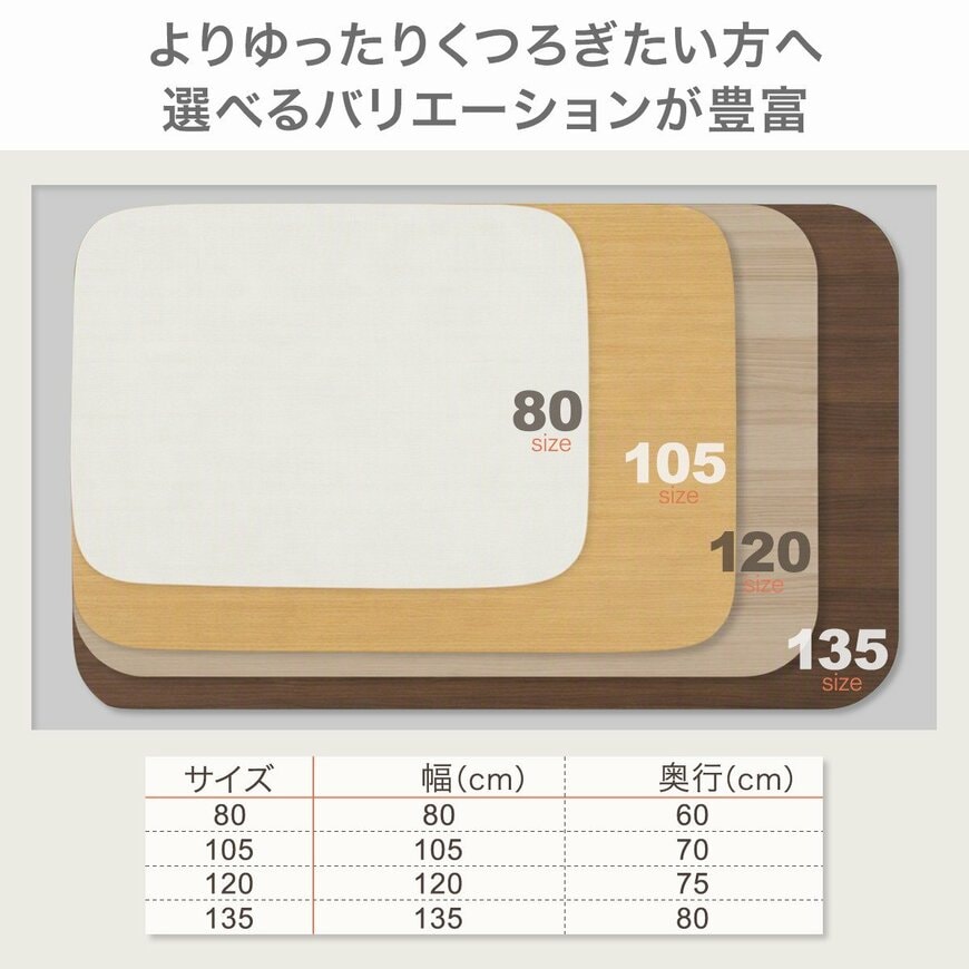 幅80cmから135cmまでの4サイズの天板と寸法表