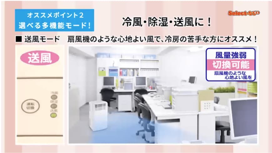 送風モードへ切り替えることで、扇風機のように風だけを送ることも可能