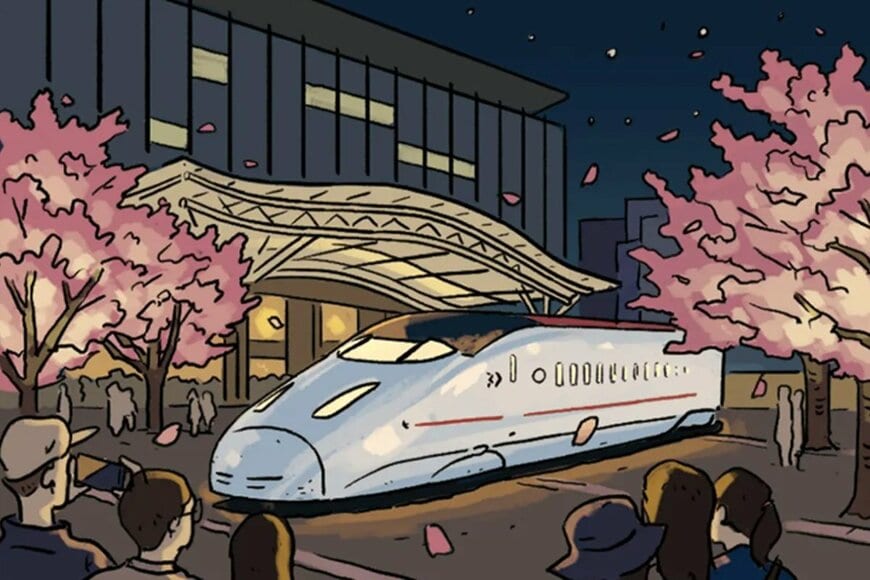 10年ぶりに博多にやってきた【JR博多駅前広場】街の中に新幹線が！「満開の桜が咲くつばめ」のライトアップ｜4月10日～19日