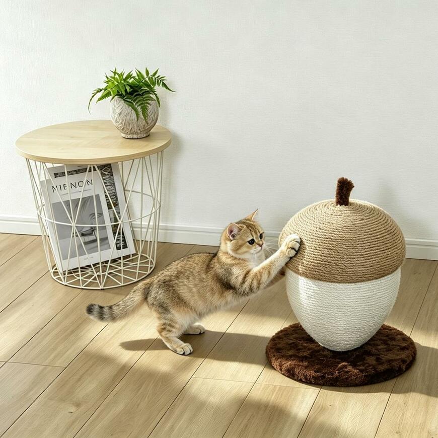 どんぐり形の爪とぎに前足をかける猫