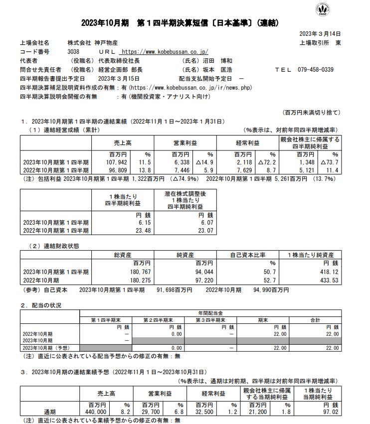 出所：株式会社神戸物産「2023年10月期 第1四半期決算短信［日本基準］（連結）」