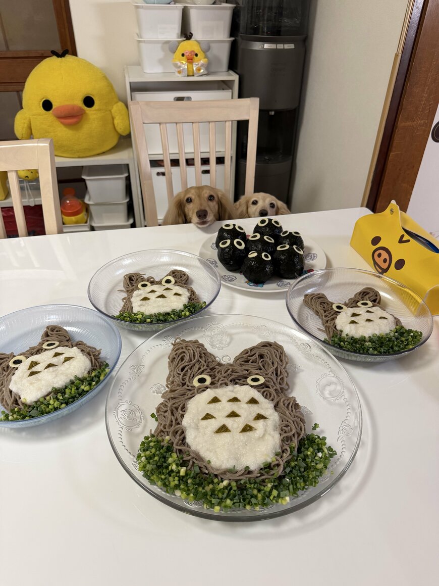 トトロ蕎麦とまっくろくろすけのおにぎり