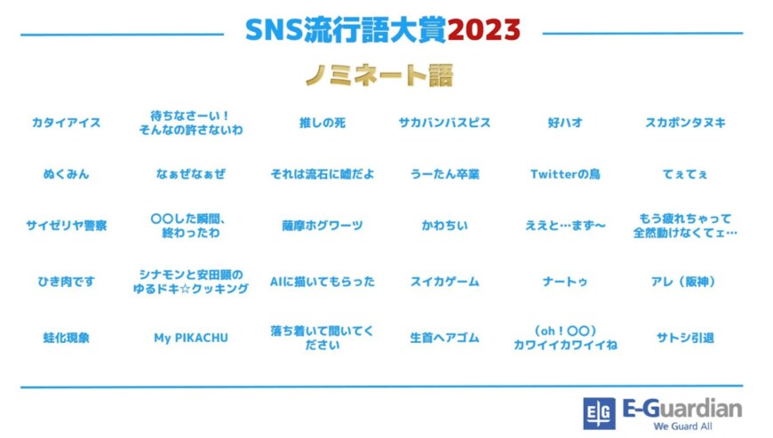 出所：イーガーデン株式会社「『SNS流行語大賞2023』、ノミネートワード発表！～阪神タイガースの“アレ”や、ゼルダ・ポケモンの名言もノミネート！SNSで見ない日はなかった『ひき肉です』『蛙化現象』『なぁぜなぁぜ』も候補に～」（2023年11月17日） PR TIMES