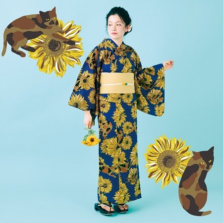 出所：株式会社フェリシモ『2023年もフェリシモ「猫部（TM）」からオリジナル浴衣が新登場！個性豊かなサビ猫さんと大輪のひまわりが大人っぽく彩る「サビ猫とひまわりのモダン浴衣」』