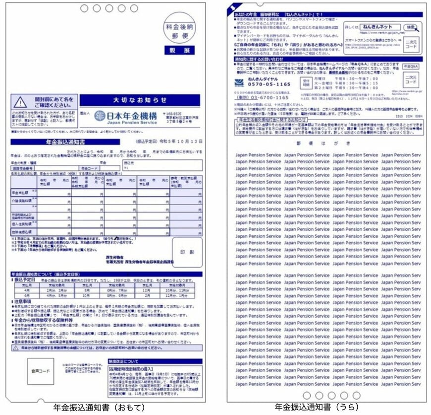 年金振込通知書(見本)