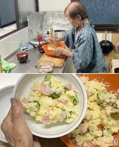 手作りのポテトサラダを盛り付けるきのえおばあちゃん
