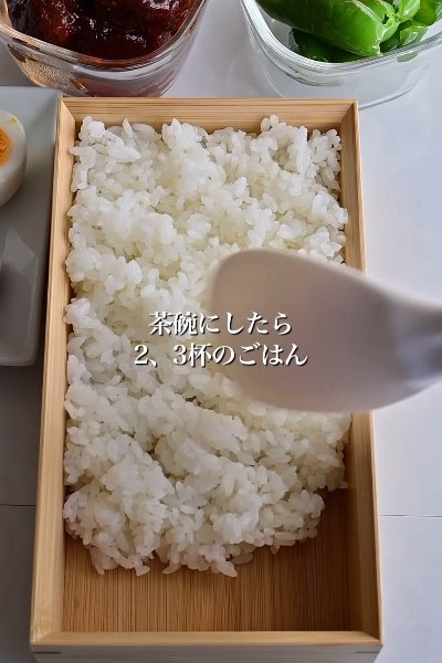 お弁当箱に白いご飯を詰めていきます