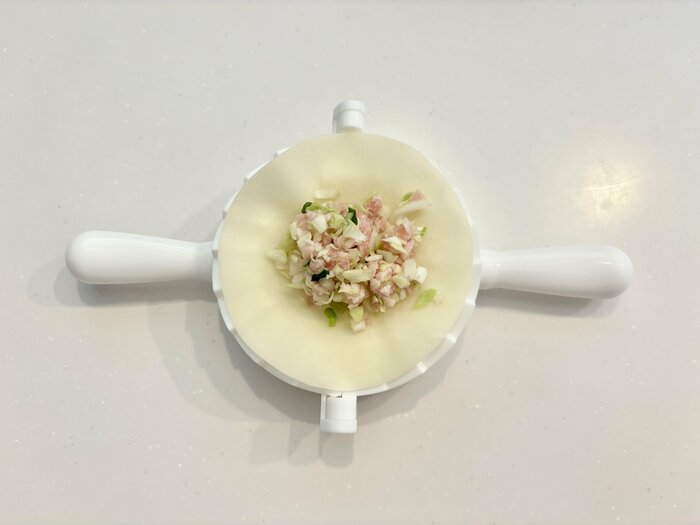 餃子のタネをのせる時はあまり具を入れすぎないのがポイント