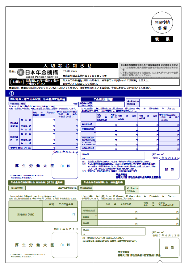 出所：日本年金機構「「改定通知書」と「振込通知書」（年金と年金生活者支援給付金受給者用：大判はがきサイズ）」