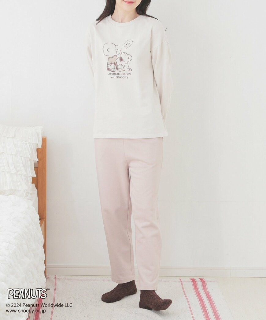 出所：ハニーズ公式　スヌーピー／ルームウェア（上下セット）オフ×ベージュ
