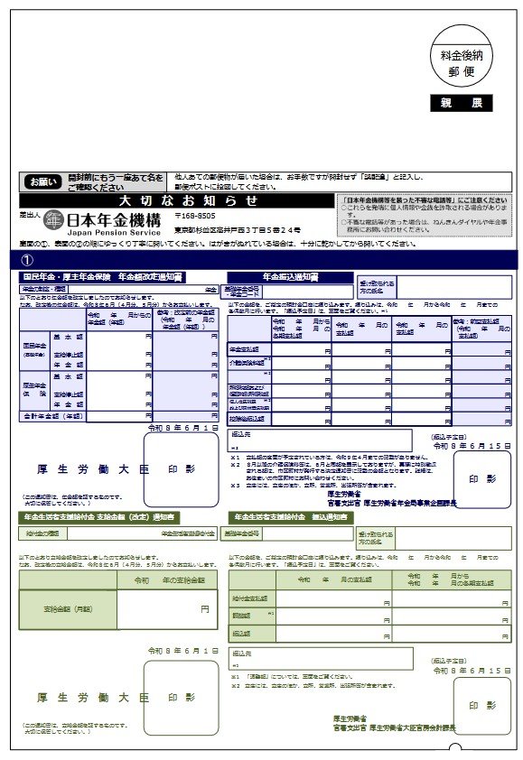 「改定通知書」と「振込通知書」（年金と年金生活者支援給付金受給者用：大判はがきサイズ）